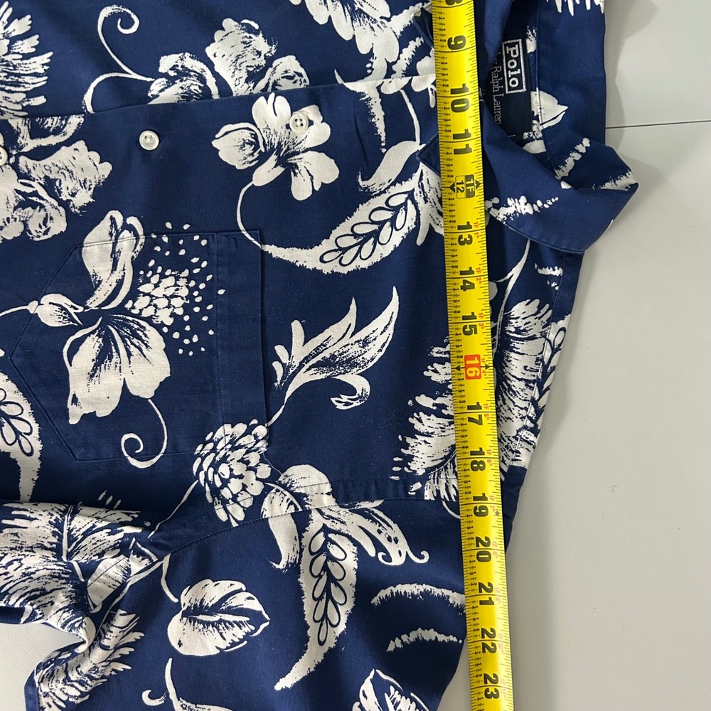 Vintage Polo Ralph Lauren Mens Large Floral Hawaiian Shirt Navy Blue Cotton USA - Picture 5 of 9
